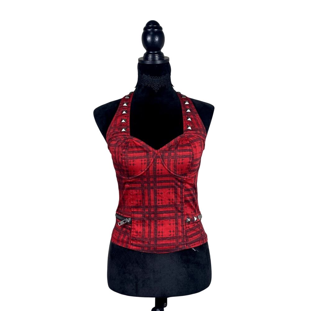 Vtg Y2K 00's Red Plain Tartan Halter Corset Top Sample Only Mallgoth Lip Service